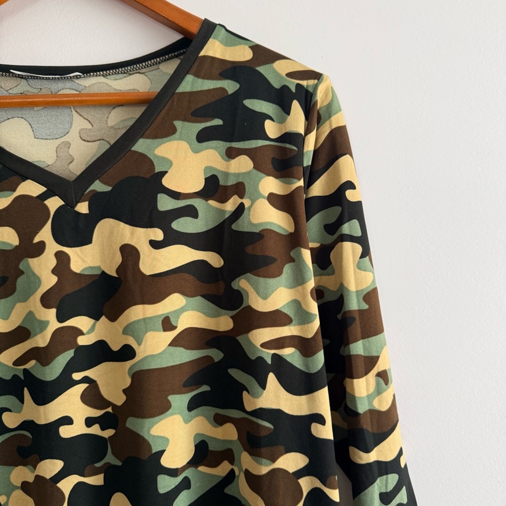 Doublju Neutral Camo Print V-Neck Top